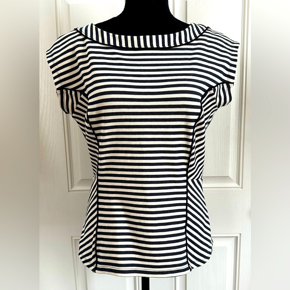 Ann Taylor Navy & Off White Striped Top with piping outline of silhouette, Med.